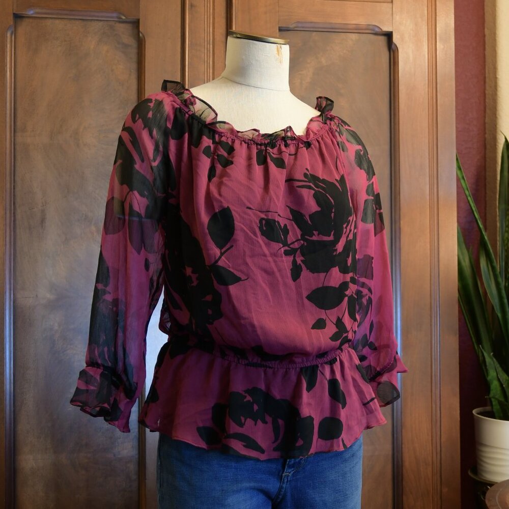 Andre Oliver Women's Floral Wine Bluse Cinched Waist and Sleeves Size L